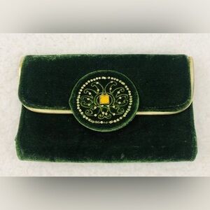 Vintage 1960s Green Velvet Purse Clutch Sequin Embellishment Gold Trim 9x5